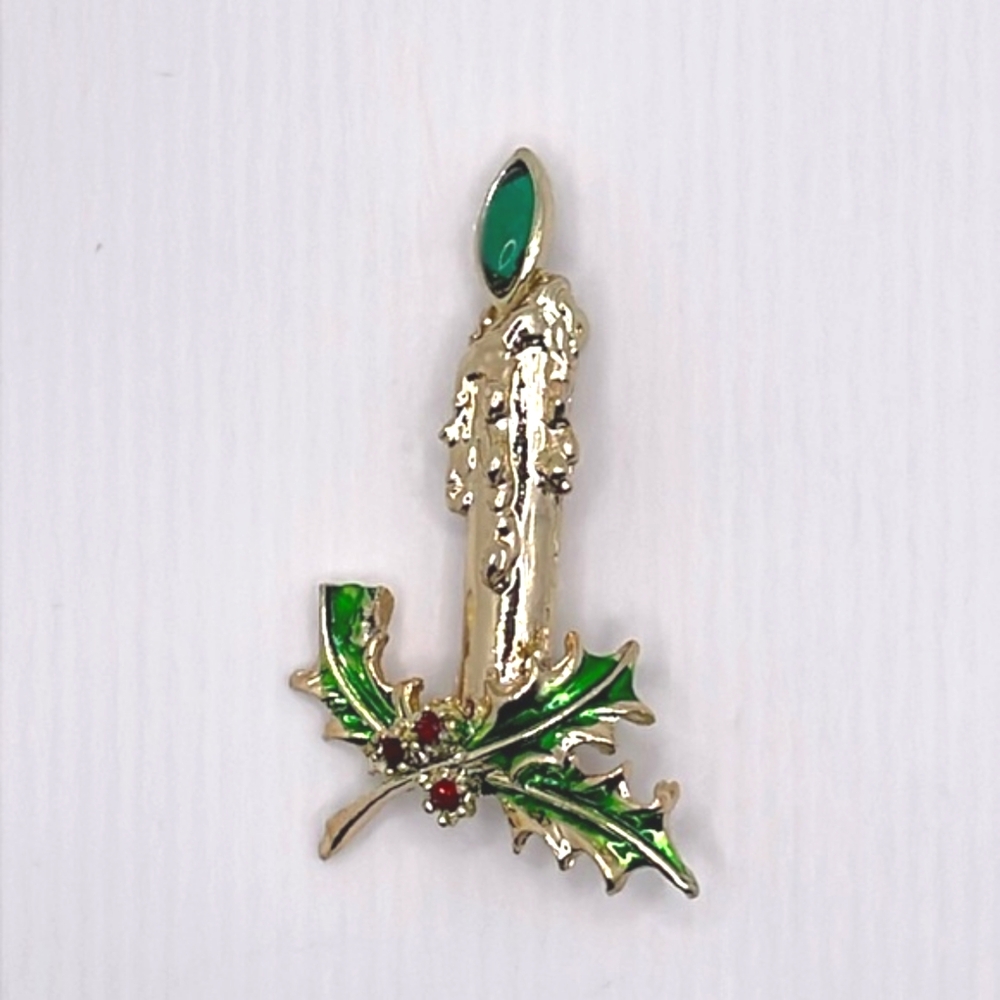 Lancer Signed Vintage Christmas Candle and Holly Pin Brooch